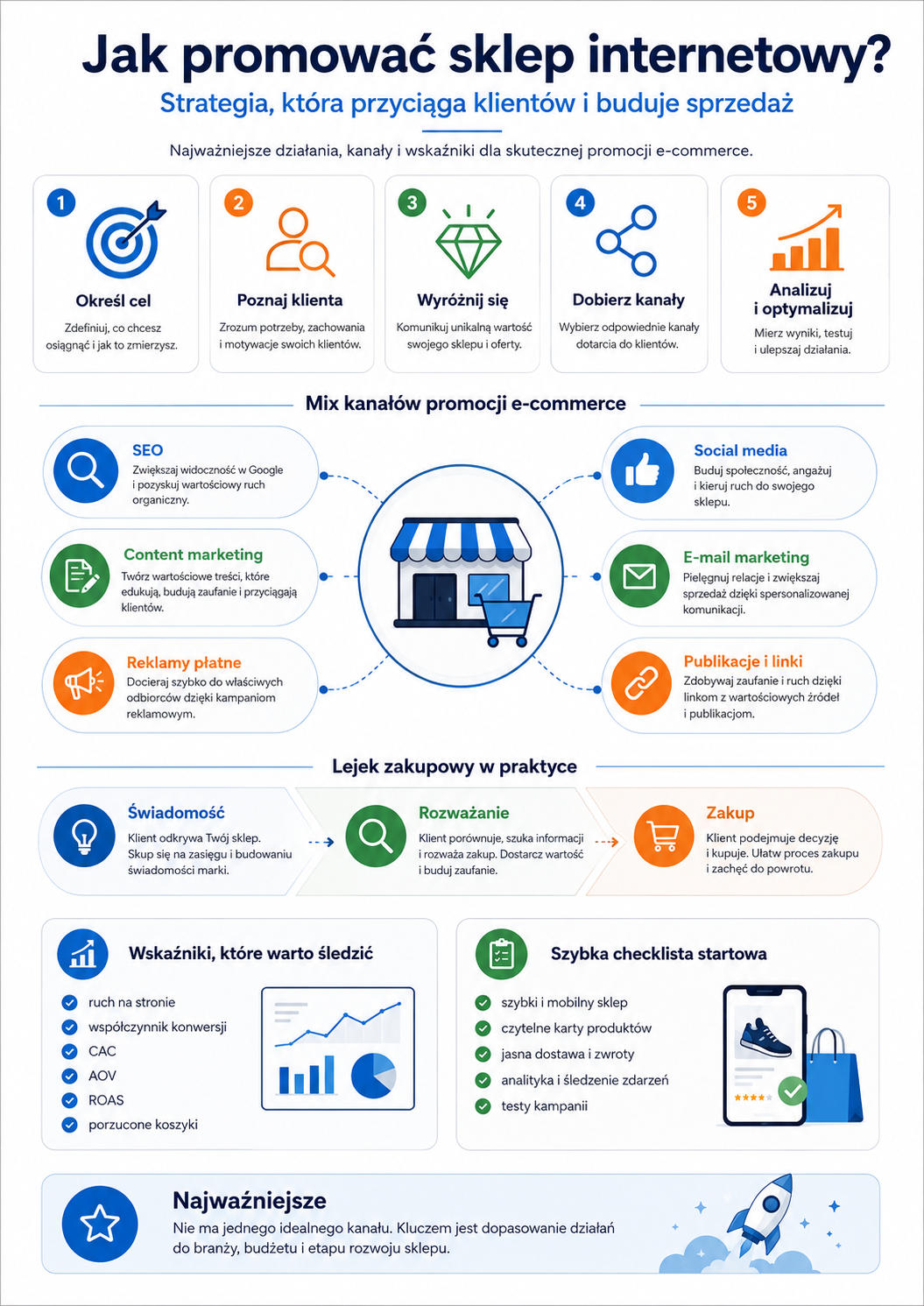 Jak promować sklep internetowy: SEO, reklamy, content marketing, social media, e-mail marketing, publikacje zewnętrzne i lejek zakupowy